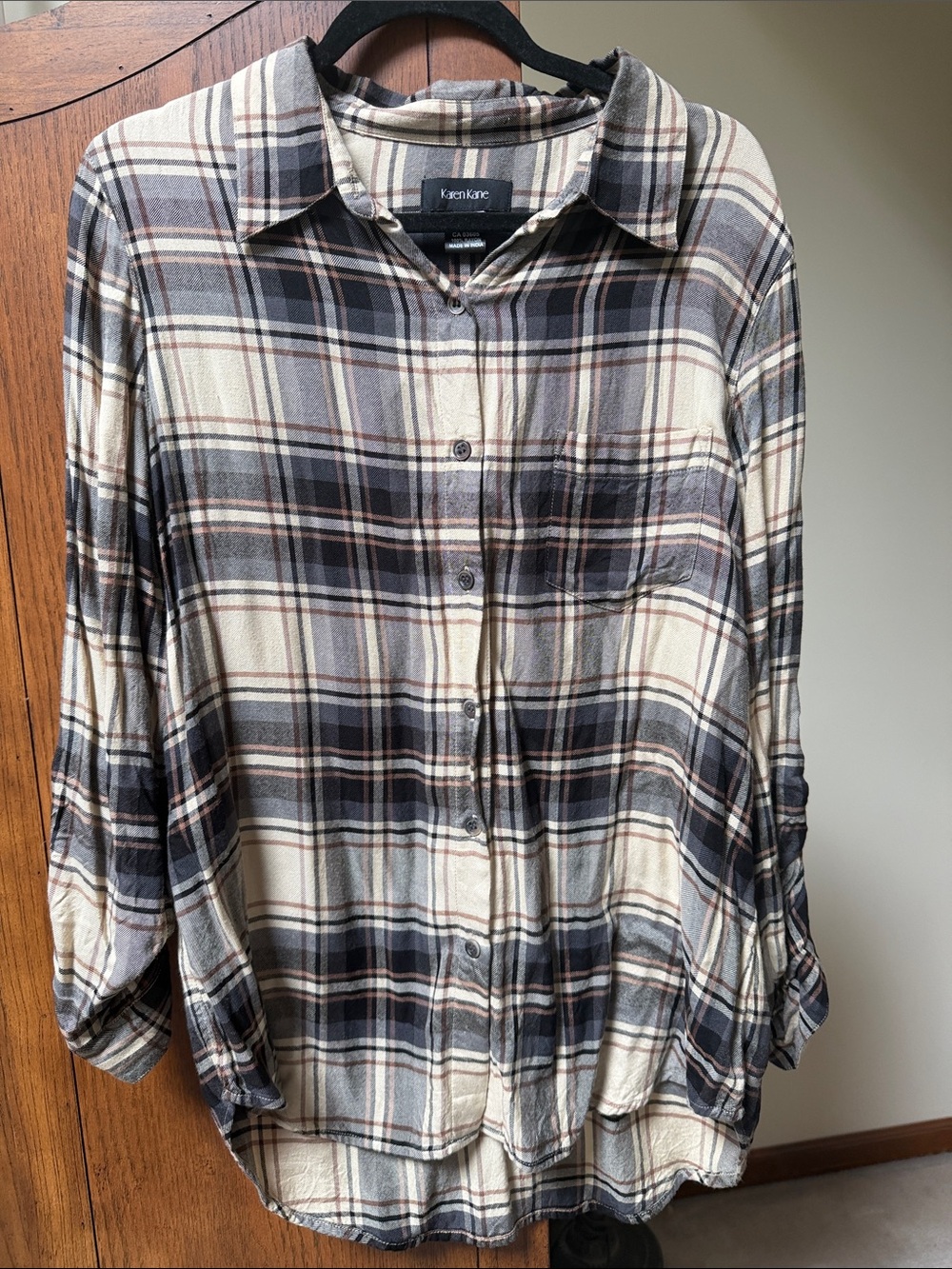 Karen Kane Cream and Gray Plaid Button-Down Shirt